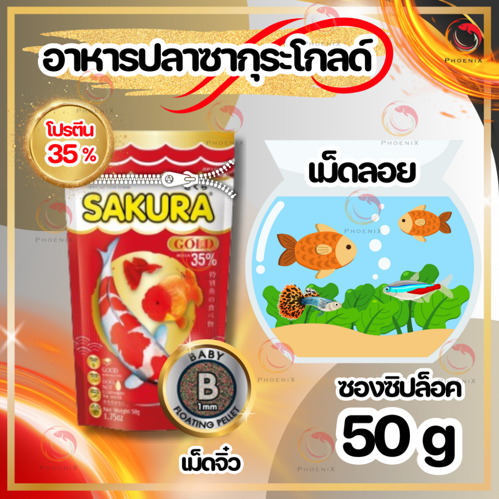สูตรใหม่ หมดอายุ 2026 อาหารปลาซากุระ Sakura Gold ขนาด 50 กรัม