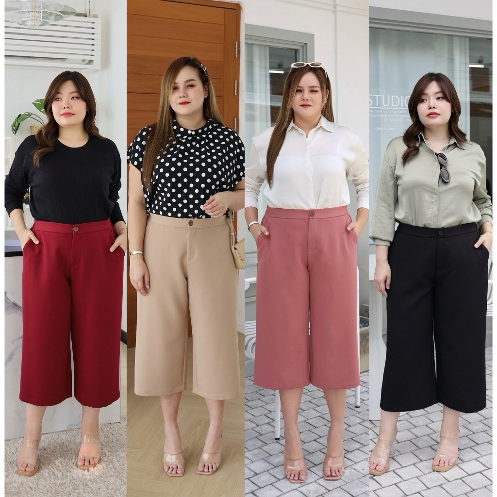 T490-0019 กางเกงขากระบอกใหญ่ 6 ส่วน ตัวกว้าง กางเกงสาวอวบพลัสไซส์
