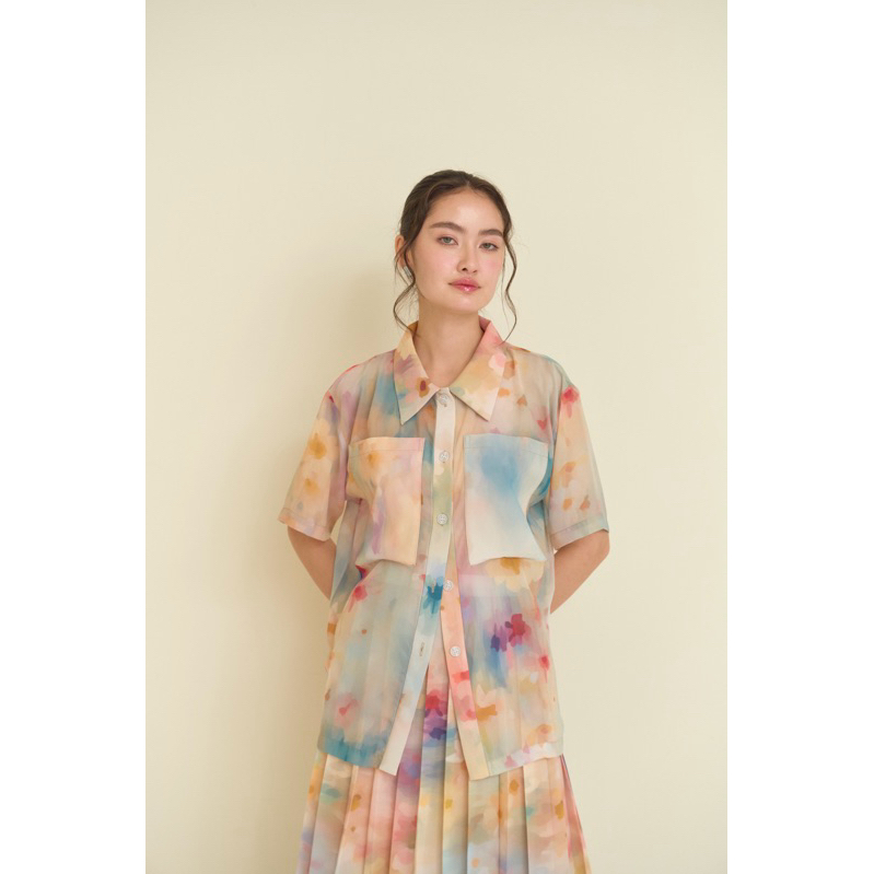 Aunchadabrand - Falling shirt เสื้อเชิ้ตชีฟองแขนสั้นพิมพ์ลาย**สีfloralพรีออเดอร์10-14วัน*