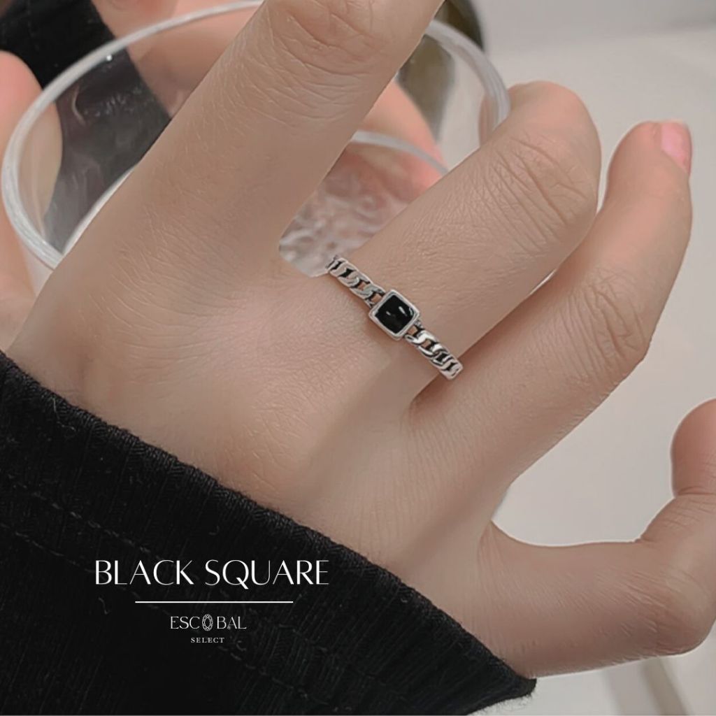 ESCOBAL แหวนสีเงิน Black Square แหวนh แหวนปรับขนาด แหวนแฟชั่น แหวนมงคล แหวนดีไซน์สวย วาเลนไทน์