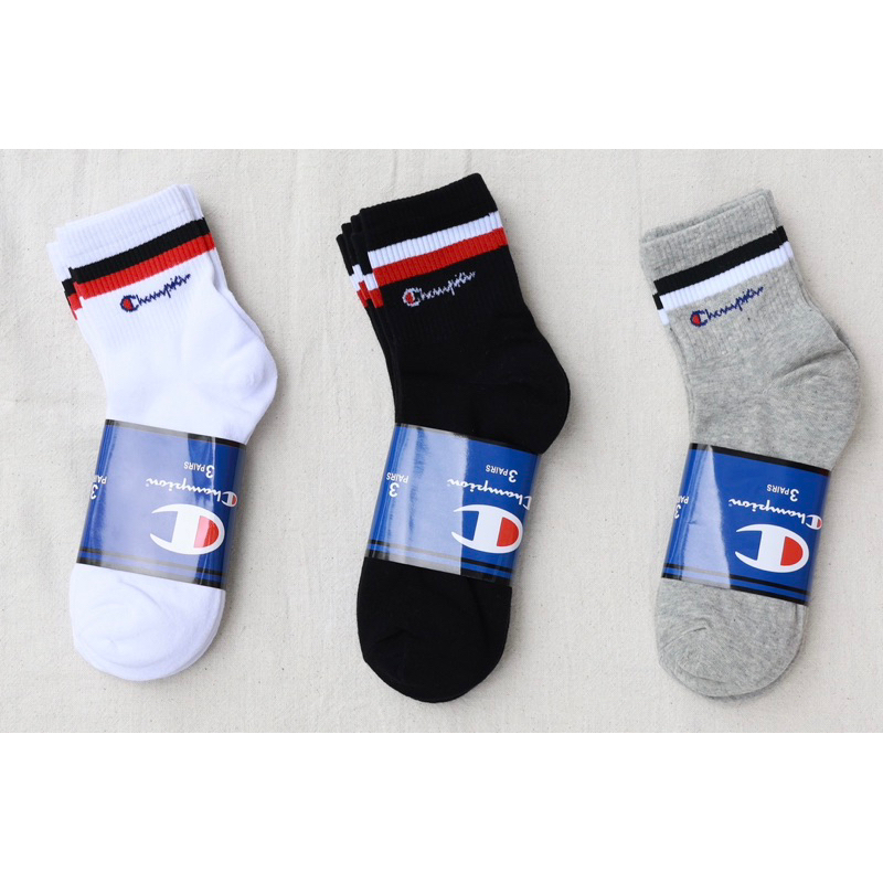 พร้อมส่งในไทย ถุงเท้า Champion ผ้าcotton เนื้อนุ่ม 1 แพ็ค มี3คู่ มี3สี ขาว ดำ เทา ไซส์ 35-42