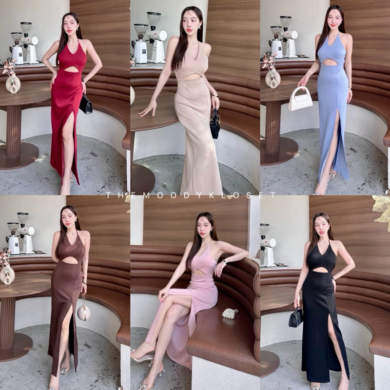 Butter dress เดรสตัวยาวออกงานผ้าหนา ผูกคอโชว์หลัง มีฟองน้ำ งานซิปหลัง