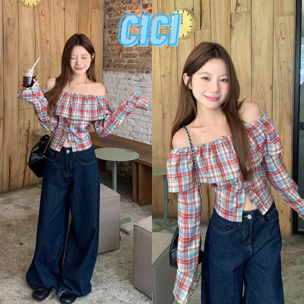 ส่งทันที Cici(NO. 1392) เสื้อครอปปาดไหล่แขนยาวลายตาราง ดีเทลแต่งกระดุมหลอก แต่งระบายทั้งตัว สไตล์เกาหลี
