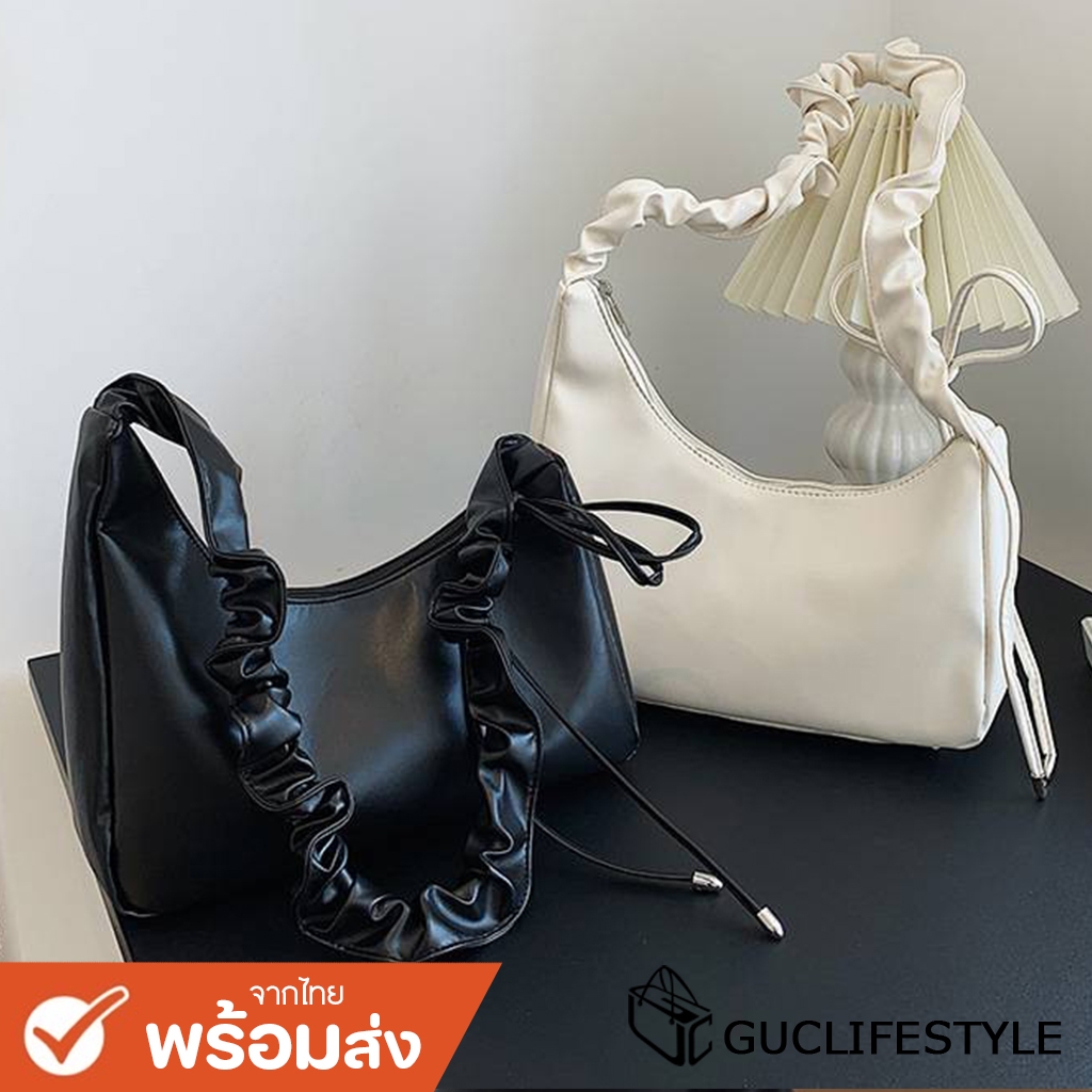 GUCSELECTED(B2115) กระเป๋าถือสะพายไหล่-หนังเงาพียู-ปรับสายย่นสะพายข้างได้