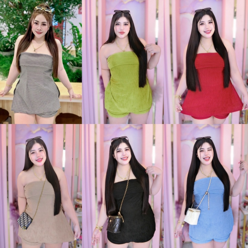 NT802 เซ็ท2ชิ้นเกาะอกผ้าวูลเวฟ ดึงยางหลัง+กางเกงขาสั้น เอวสม็อคหลัง สาวอวบอ้วน