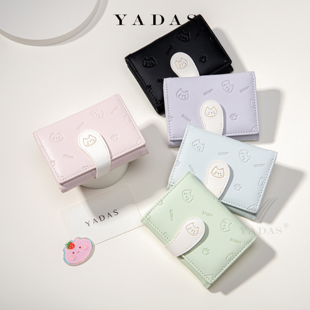 【ใหม่】【หางแมวน้อย】กระเป๋าใส่การ์ดผู้หญิงน่ารัก แฟชั่น แบบมีกระดุม ทำจากหนัง PU แบบสั้น สามพับกระเป๋าเหรียญ wallet