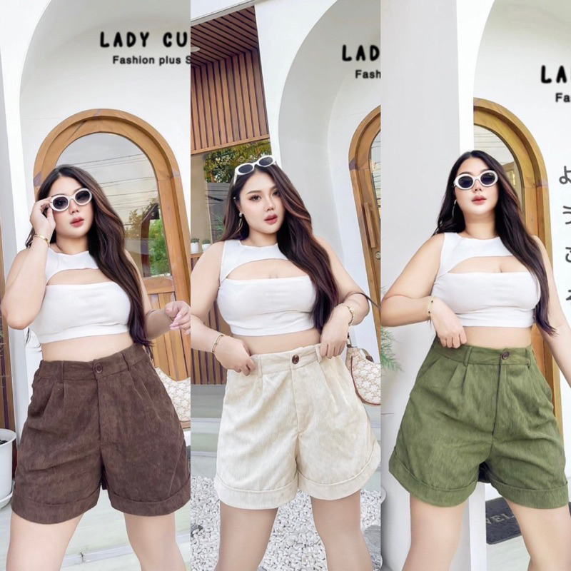 กางเกงขาสั้นผ้าลูกฟูก สาวอวบ(เอว32-50นิ้ว) แต่งปลายขาเบิ้ล โทนสีมินิมอล ผ้านิ่มใส่สบาย กางเกงขาสั้น plussize