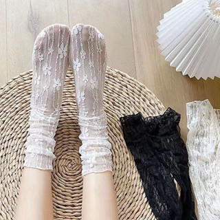 ถุงเท้าผู้หญิง jk จากญี่ปุ่น ถุงเท้าลูกไม้สีทึบ บางและระบายอ…