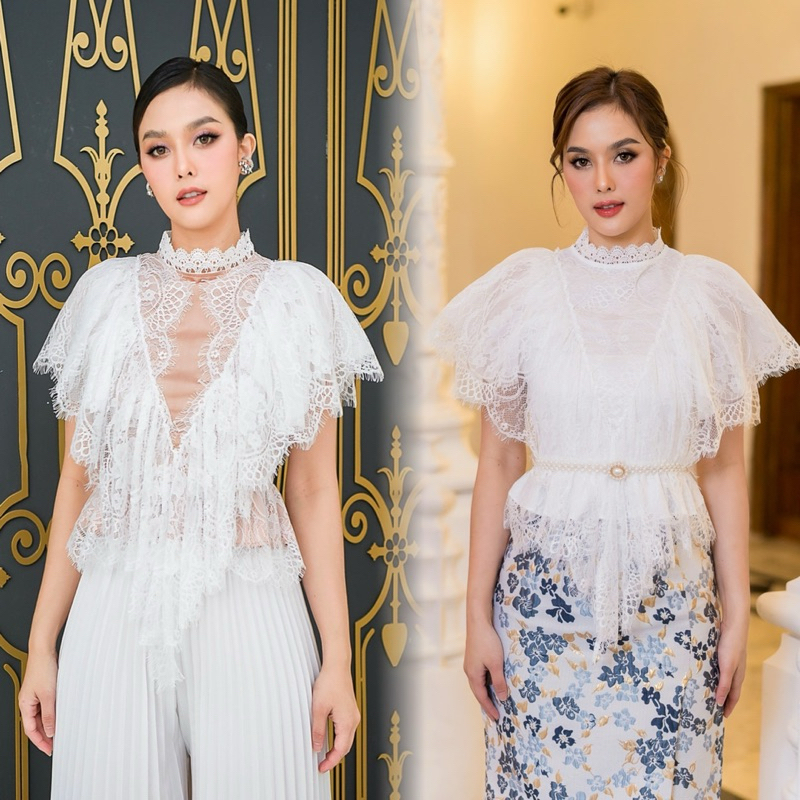 งานป้าย Luxe เสื้อลูกไม้คอกลมแขนระบายแต่งลูกไม้โคลเชต์ที่คอ สำหรับผู้หญิง เสื้อผ้าแฟชั่นผู้หญิง ไซส์ S-XL