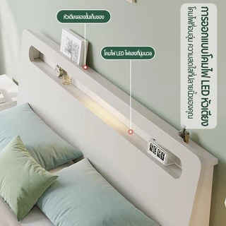 Maple home เตียง เตียงไม้ 3.5/4/5/6ฟุต เตียงนอน พกไฟหัวเตียง LED เตียงนอนไม้ ไม้จริง100% จัดส่งในวันเดียวก