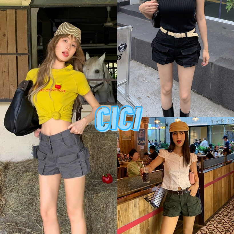 ส่งทันที Cici(NO. 753) กางเกงขาสั้นดีเทลกระเป๋าด้านหน้าสามารถใช้งานได้จริง สไตล์สาวเท่ห์
