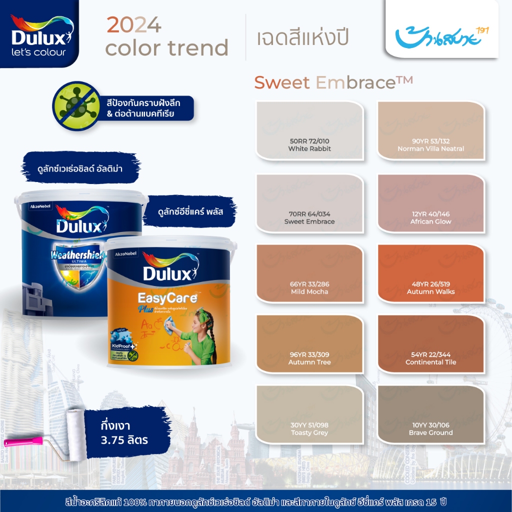 Dulux เฉดสี 2024 ขนาด 3.7 ลิตร ลิตร เกรด 15 ปี ชนิดกึ่งเงา ทาภายนอกและภายใน Weathershield Ultima และ Easy Care Plus