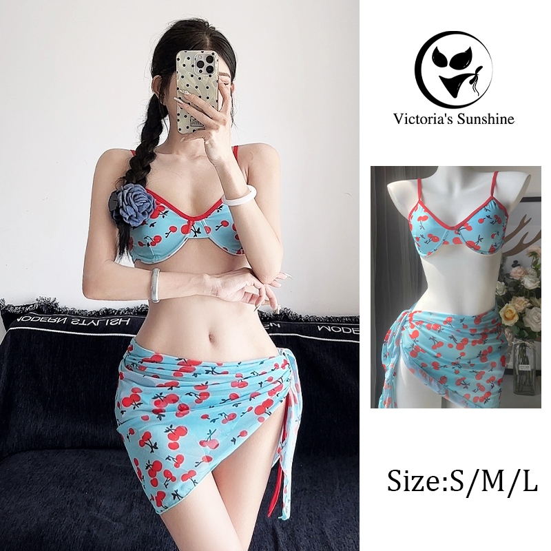 ส่งไวจากไทย ชุดว่ายน้ําบิกินี่ 3ชิ้น บิกินี่ มีโครง cherry bikini ผูกเอว ผ้าแห้งไว