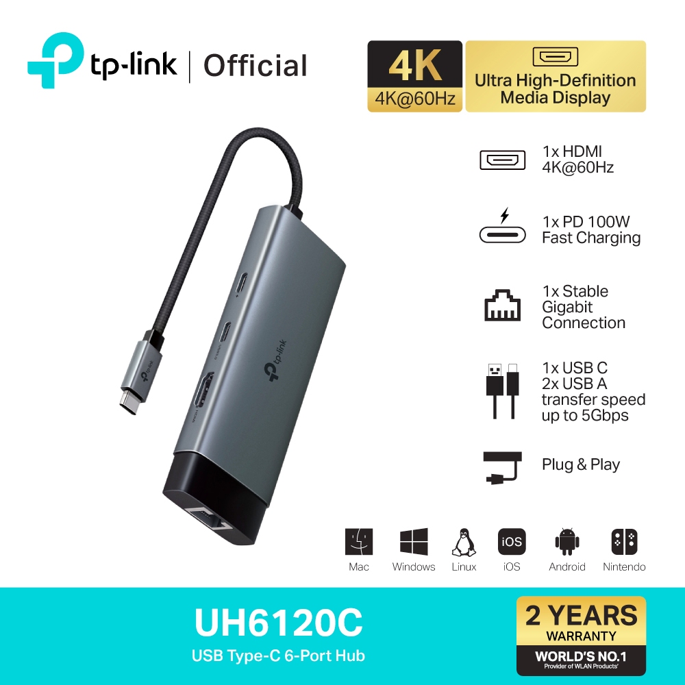 TP-Link UH6120C ฮับยูเอสบี Type-C รองรับการใช้งาน 6 พอร์ต เชื่อมต่อหน้าจอเสริมผ่านพอร์ต HDMI ระดับ 4K พร้อมประกัน 2 ปี