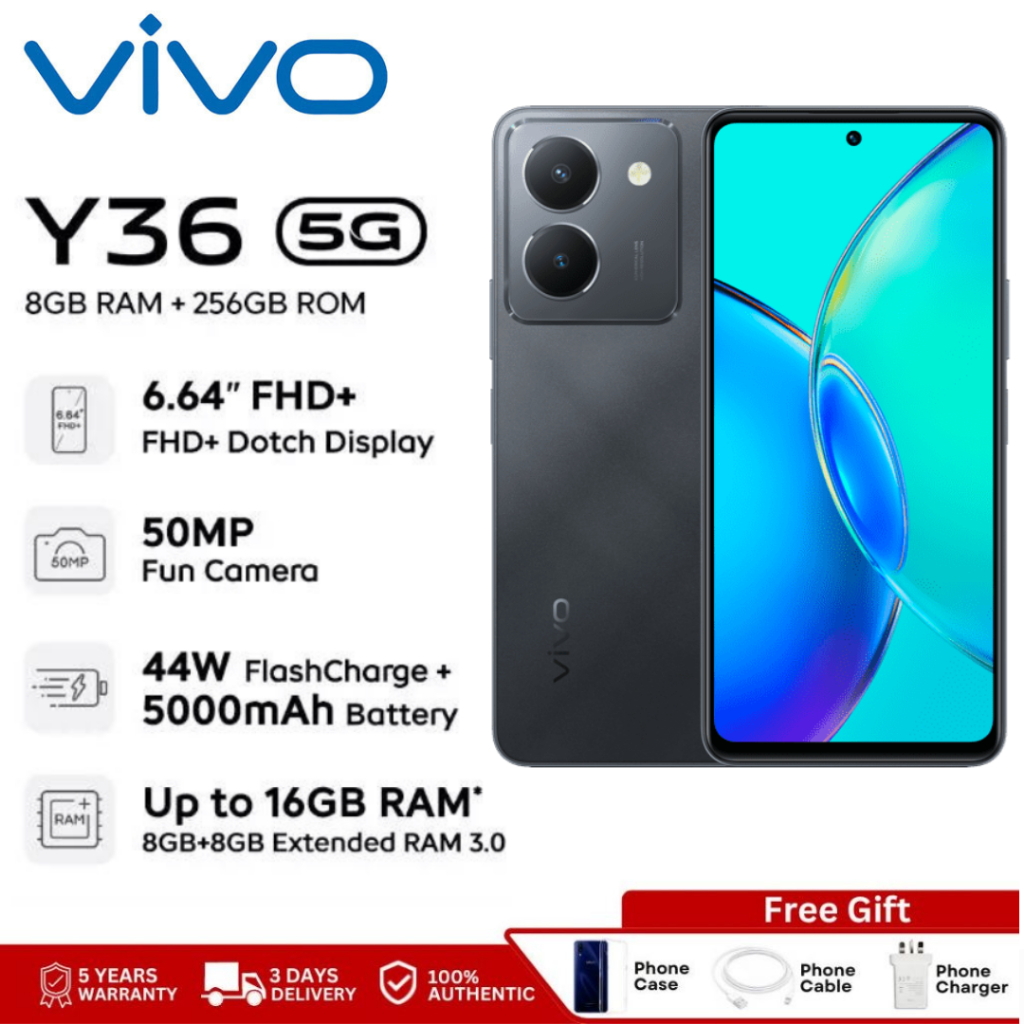 VIVO Y36 5G (8GB+256GB) ชิปเซ็ต IPS LCD ขนาด 6.64 นิ้ว กล้องหลัง 50MP กล้องหน้า 16MP และแบตเตอรี่ 5000mAh ชาร์จเร็ว 44W
