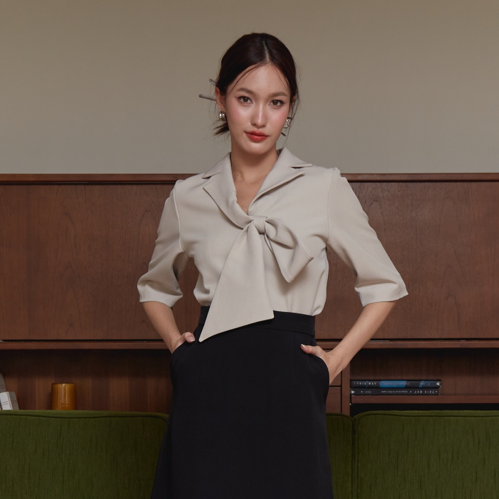 Miss office เสื้อปกเทเลอร์แขน4ส่วนเเต่งโบว์ (MT-301)
