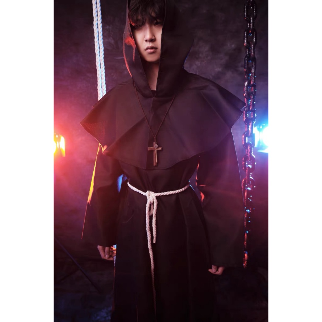 [ชุดนักบวชนักบวชยุคกลาง] [หมอโรคระบาด แม่มดแห่งความตาย] [เสื้อคลุมมีฮู้ดสีดําสําหรับแต่งคอสเพลย์]