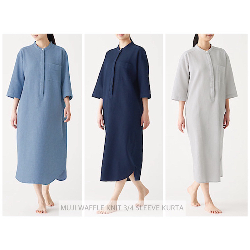 MUJI ชุดเดรส แขนสาม สี่ส่วน WAFFLE KNIT 3/4 SLEEVE KURTA (A0502)