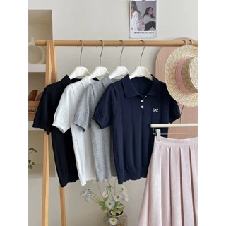 Cic(NO. A2156-2)เสื้อไหมพรมแขนสั้น แต่งลายผ้า คอปกกระดุมใช้งานได้จริง ปักโบว์น่ารัก สไตล์เกาหลี