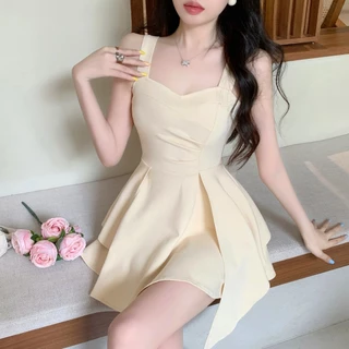 621เดรสเกาะอกจับจีบจีบช่วงเอวและกระโปรงทรงไม่สม่ำเสมอ เดรส น่ารัก เซ็กซี่ สไตล์ฝรั่งเศส