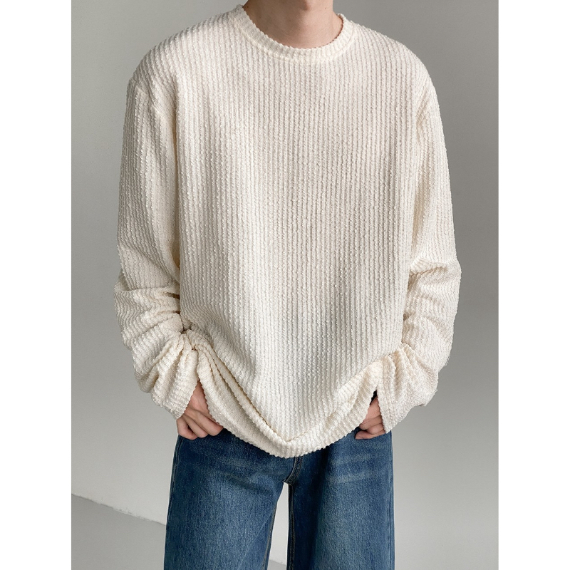 Textured Striped Long-Sleeved เสื้อคอกลม แขนยาว สินค้าพร้อมส่ง