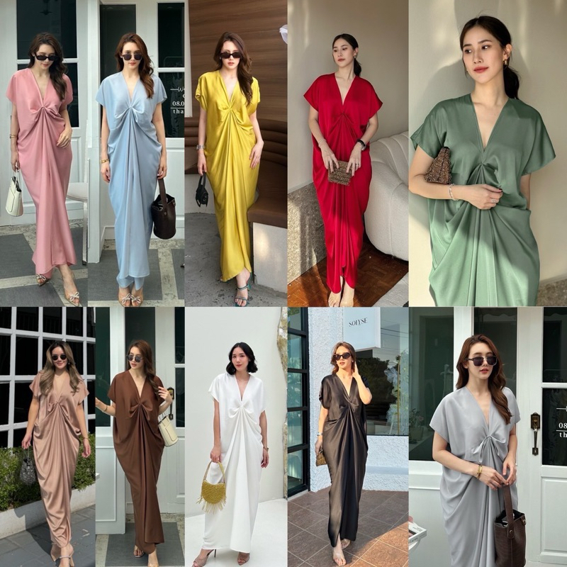 🔖Alot #Shegrace เดรสคอวี จับเดรปหน้าลู่ลง ทำให้ดูผอม ผ้าซาตินวาเลนติโน มีน้ำหนักและพรื้วดี ผ่าด้านหน้า ให้เดินสบาย