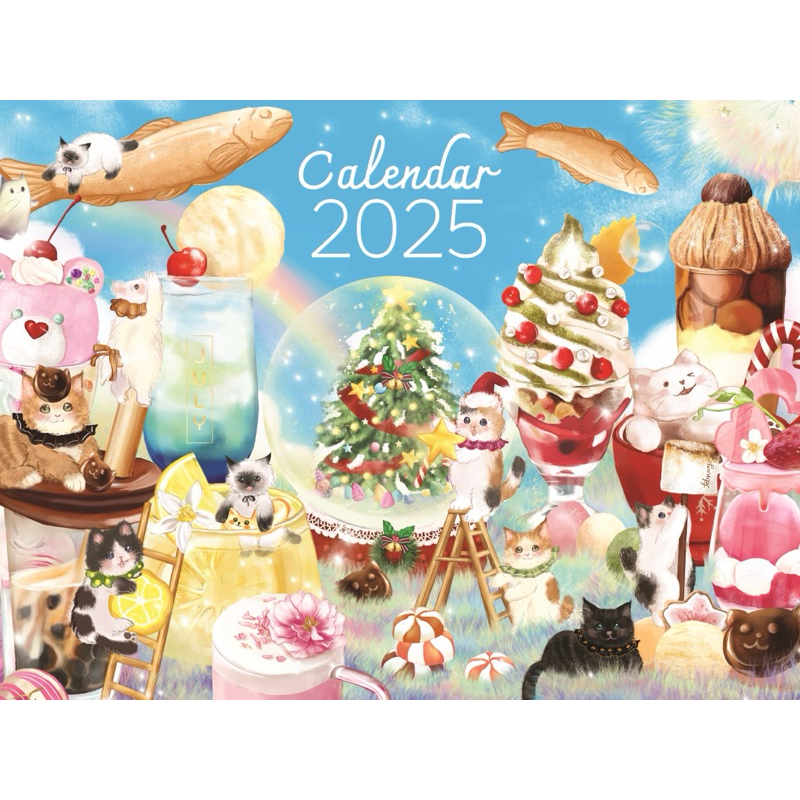 ปฏิทิน 2568 calendar 2025 ปฏิทินตั้งโต๊ะ มีวันพระ มีวันหยุด ลายแมว น่ารัก cat with drink calendar