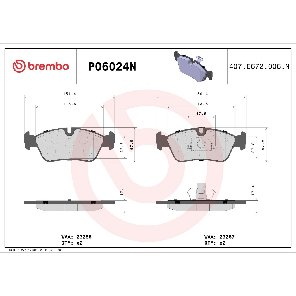 BMW ผ้าเบรคหน้า Brembo เซรามิก P06024N รุ่น Serie3 ( E36 E46 ) Z3 ( E36 ) Z4 ( E85 ) l เบอร์เทียบ TRW GDB1100 - รูปที่ 2