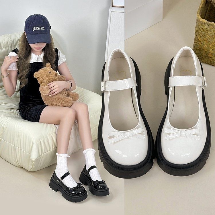 🎀ลายโบว์🎀รองเท้าแมรี่เจน วิทยาเขตสไตล์ สีขาว สีดำ หนังนุ่ม โลลิต้า รองเท้าแพลตฟอร์ม