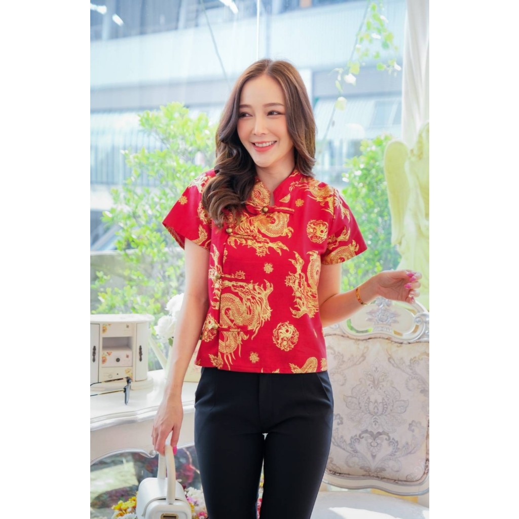 เสื้อลายมังกรทอง เสื้อใส่ตรุษจีนสีแดง (อก38'-อก46')