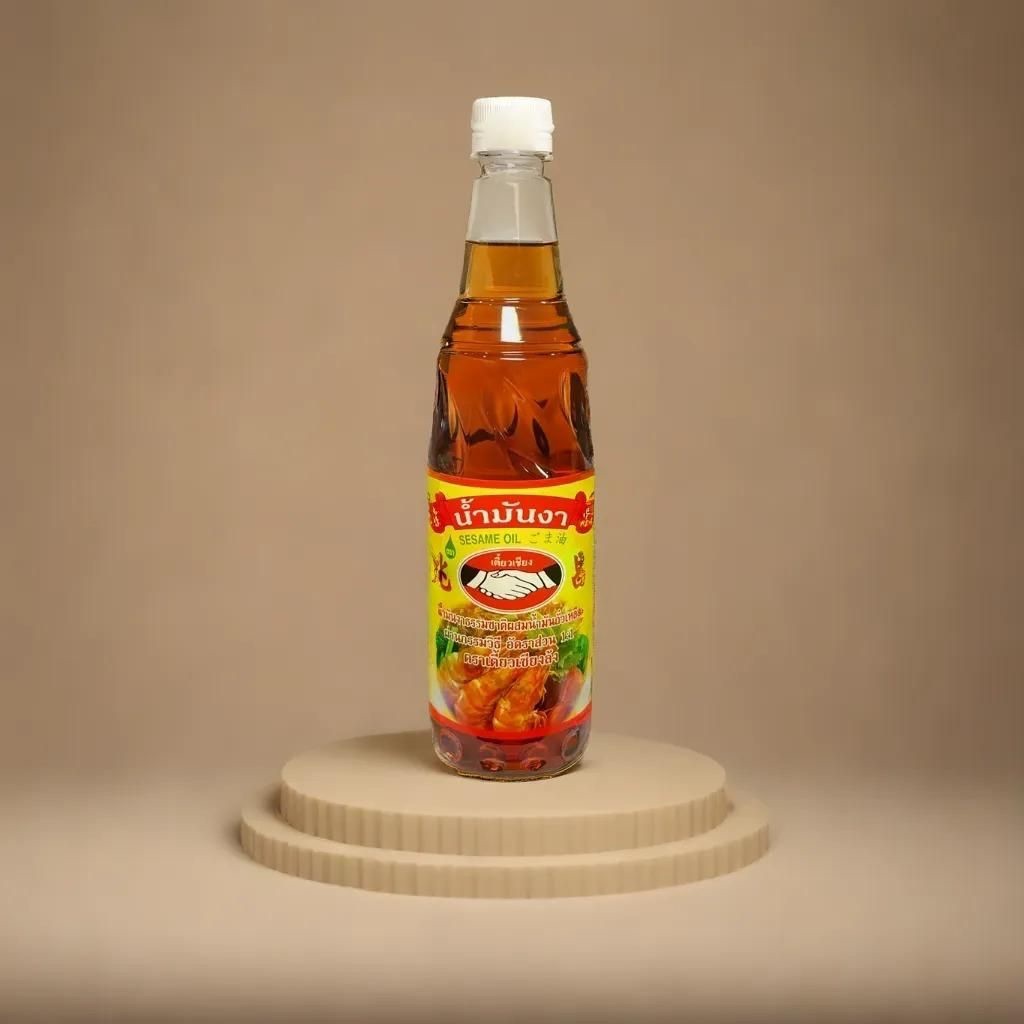 น้ำมันงา (Sesame Oil) ตราเตี้ยวเชียงล้ง ส่วนผสมน้ำมันงาและถั่วเหลือง 50:50 ปริมาตร 100/600 มล. กลิ่นหอมงาคั่ว ขวดพลาสติก