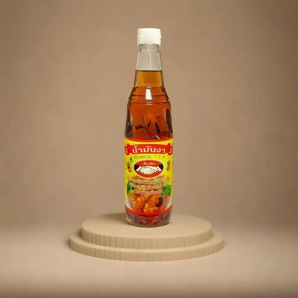 น้ำมันงา (Sesame Oil) ตราเตี้ยวเชียงล้ง ส่วนผสมน้ำมันงาและถั่วเหลือง 50:50 ปริมาตร 100/600 มล. กลิ่นหอมงาคั่ว ขวดพลาสติก