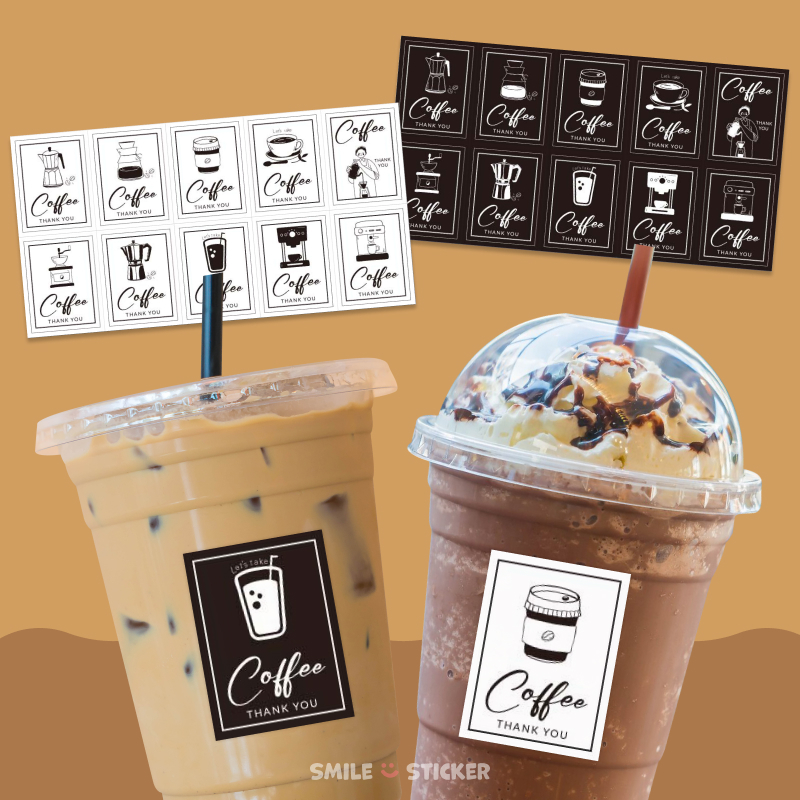 [ส่งไว] สติ๊กเกอร์ Coffee THANK YOU 100 ดวง ขนาด 4x3 cm มี 10 ลายในแพ็ก สติ๊กเกอร์ติดแก้วกาแฟ