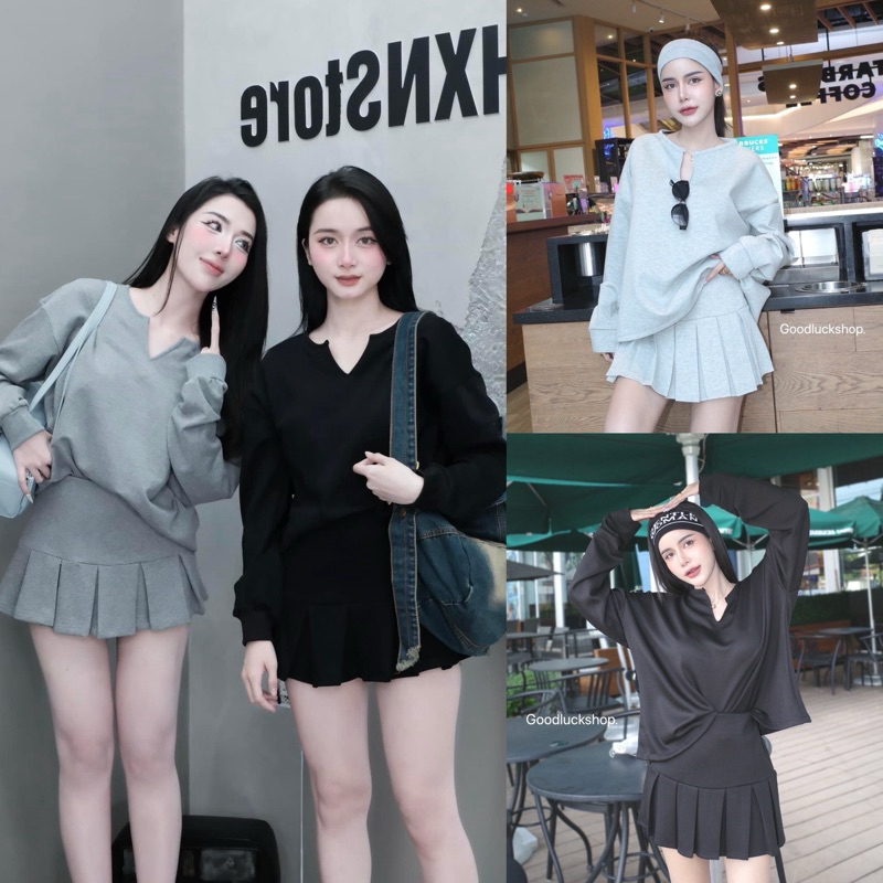 Teera พร้อมส่ง 2ชิ้น เสื้อแขนยาวโอเวอร์size+กระโปรงซับในกางเกง ผ้าเนื้อนิ่ม ไม่หนา เหมาะกับอากาศบ้านเรา goodluck
