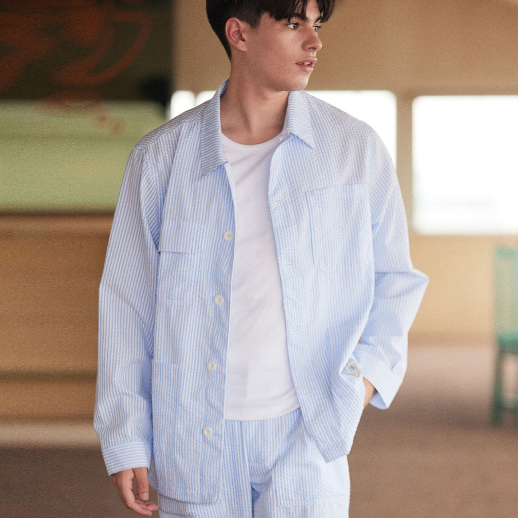 [MOO 6/23] Seersucker Bill Jacket เสื้อแจ็คเก็ต แขนยาว ผ้าเซียร์ซัคเกอร์ลายทาง แต่งกระเป๋าหน้า แต่วปัก M ด้านหน้า-หลัง