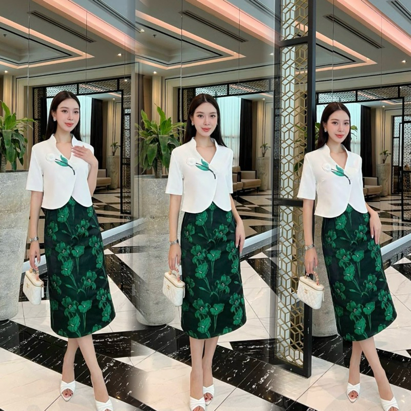 M10 งานป้าย Aiyarin Set ชุดเซ็ทกระโปรงยาวผ้าทอลายดอก พร้อมเสื้อ สำหรับผู้หญิง สาวอวบ เสื้อผ้าแฟชั่นผู้หญิง ไซส์ S-2XL