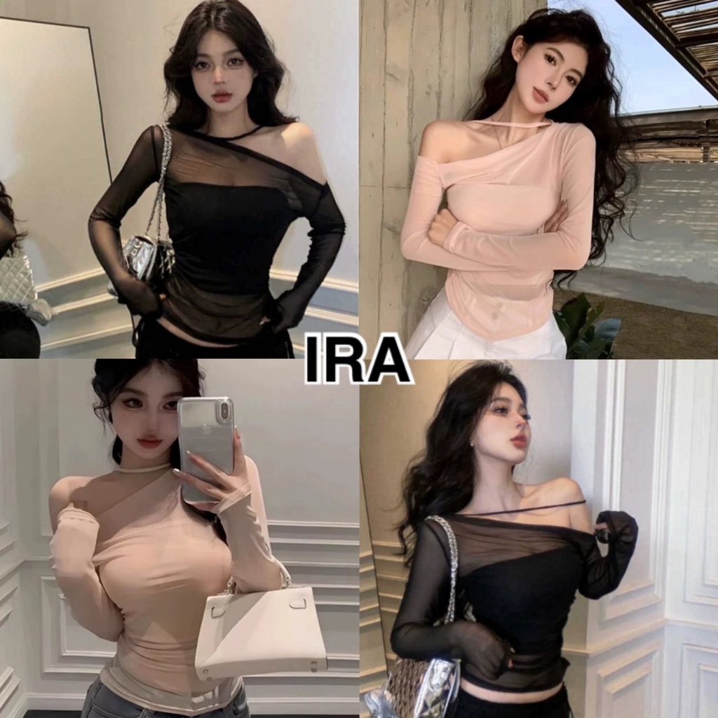 BY IRA พร้อมส่ง (1018) เสื้อปาดไหล่ สายเดี่ยวคล้องคอ แขนยาว ซีทรู บางสวย มีซับ เซ็กซี่เบาๆ สไตล์เกาหลี