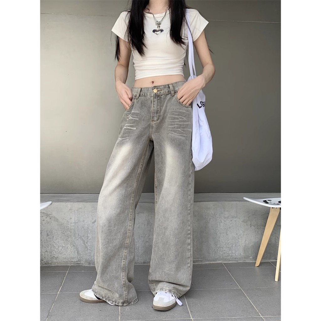 กางเกงยีนส์ผู้หญิงทรงกระบอก กางเกงเอวสูง สไตล์วินเทจ ยืดได้ดได้ ฟอกน้ำ ทรงหลวม #010132 - รูปที่ 2