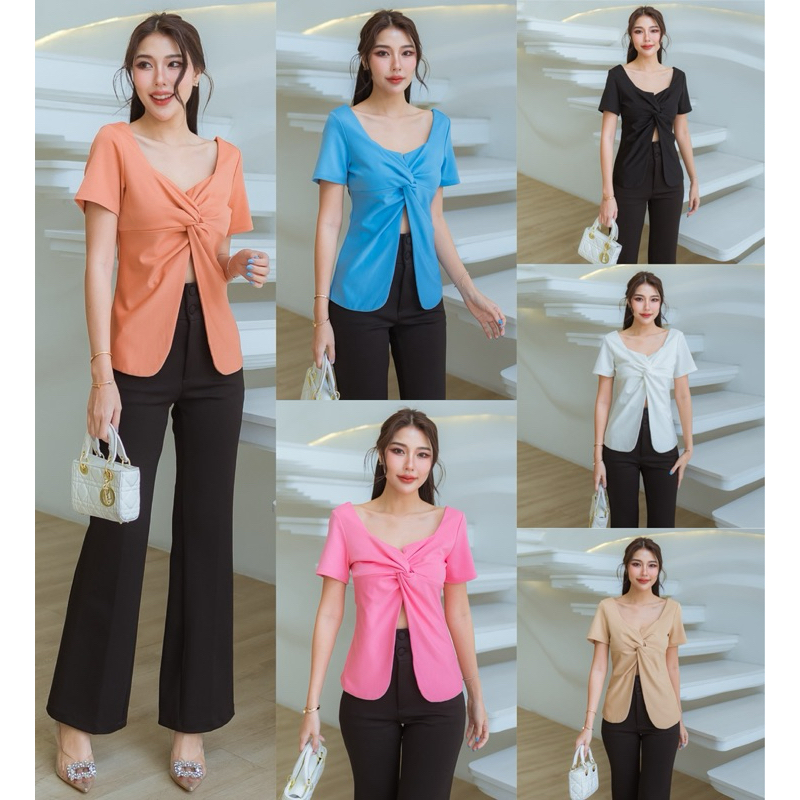 190 เสื้อคอเหลี่ยมแขนสั้นบิดไขว้กลางอก (ผ้าเทพ REEYA)