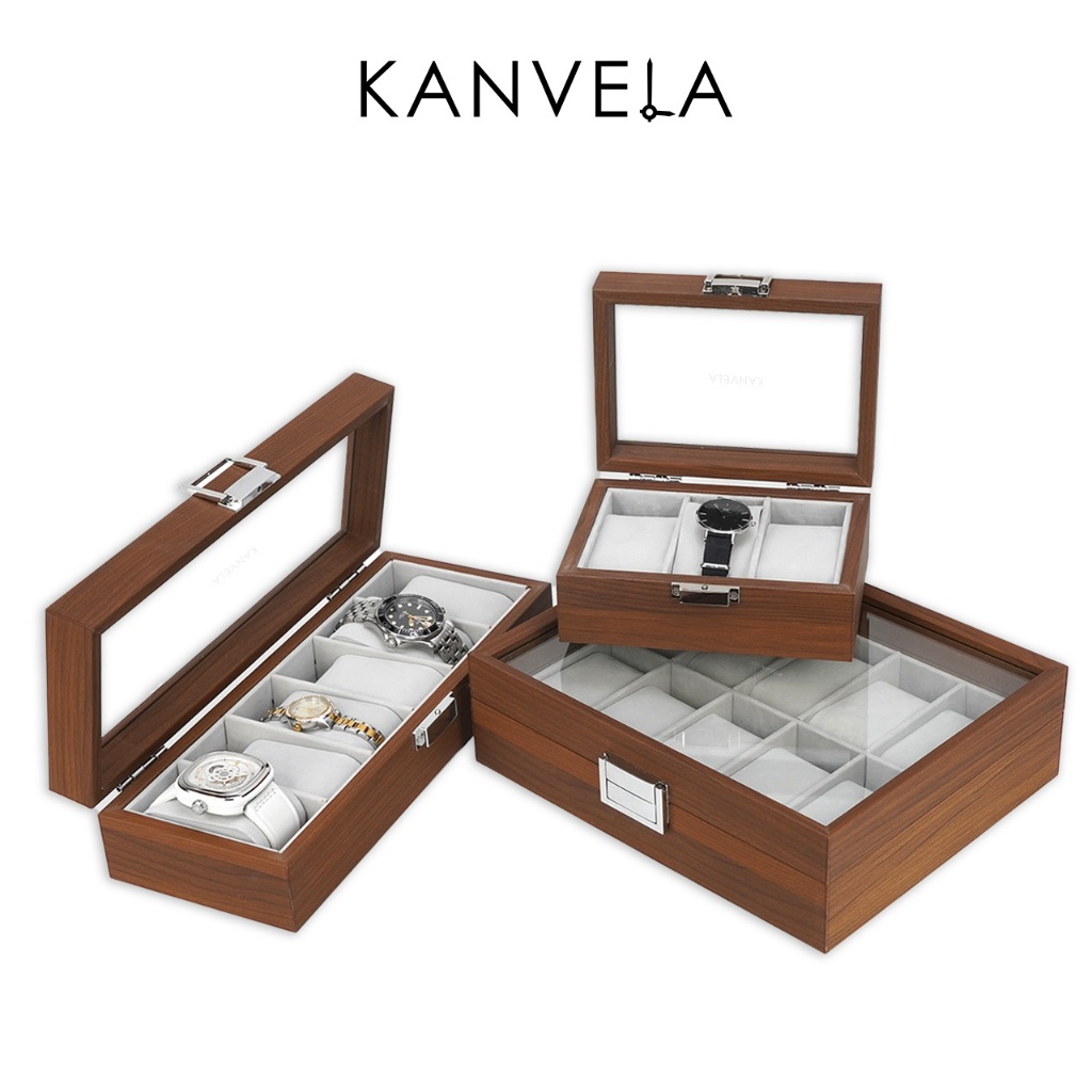 KANVELA กล่องเก็บนาฬิกาข้อมือ 3 6 10 เรือน กล่องใส่นาฬิกาไม้ MDF ฝากระจก พร้อมหมอนกำมะหยี่ Watch Box