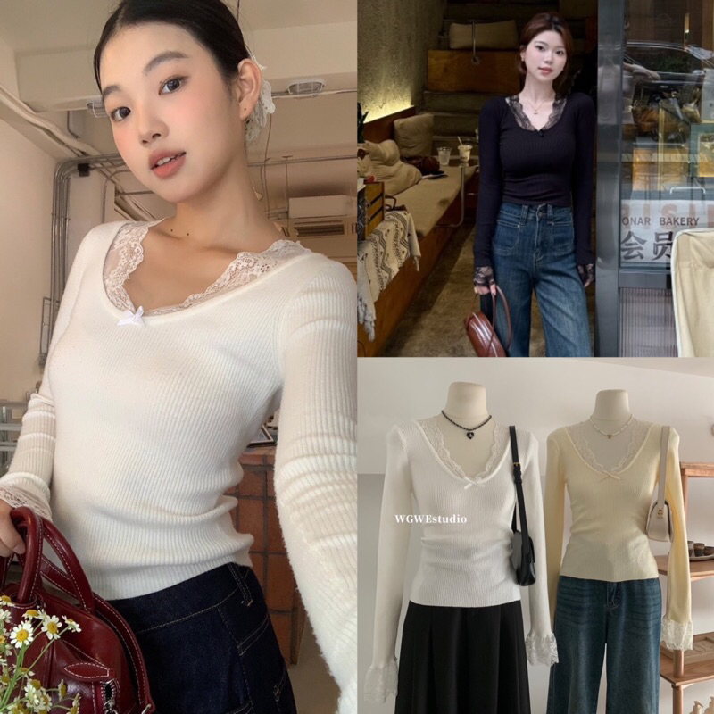 เสื้อแขนยาวไหมพรมแต่งลูกไม้รุ่น 9905 TAG:WG.WE