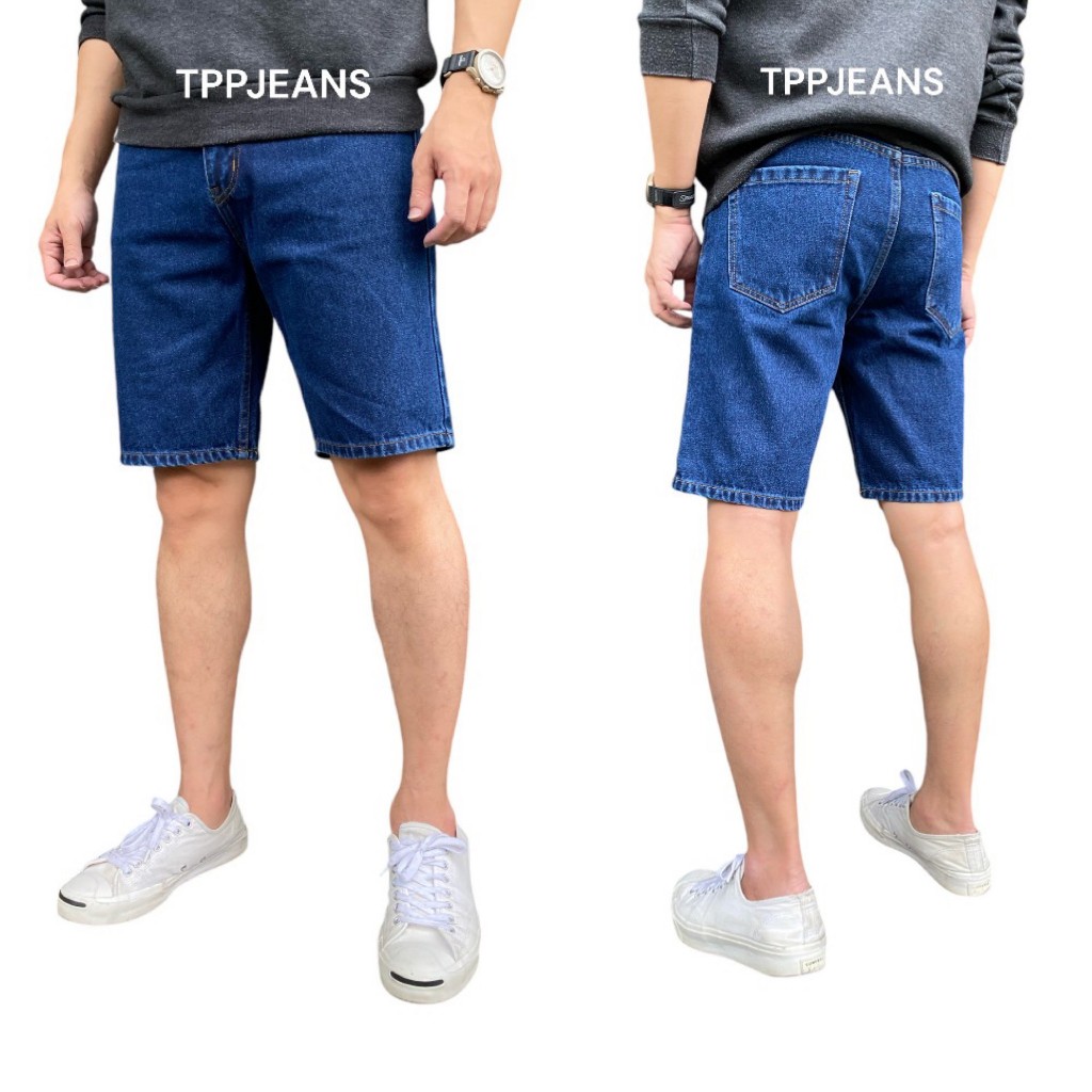 JEANSEXPRESS Shorts Jeans กางเกงยีนส์ขาสั้นชาย ทรงเหนือเข่า สีบลูยีนส์เข้ม เป้าซิป Size 28-38 รับชำระปลายทาง