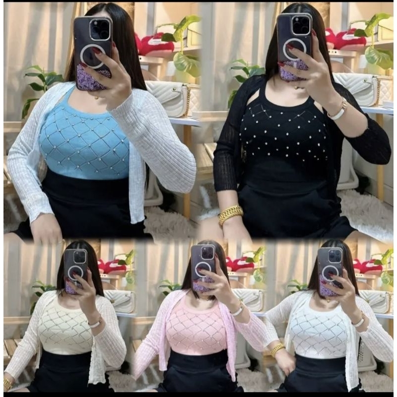 เสื้อเซ็ทสายเดี่ยวรีดเพรชมาพร้อมเสื้อคุมตาข่ายบาง