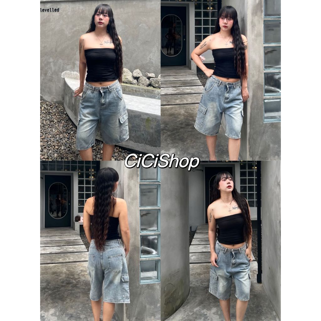 Cicishop (738) กางเกงยีนส์ขา 4 ส่วน ทรงคาร์โก้ สไตล์สาววินเทจ