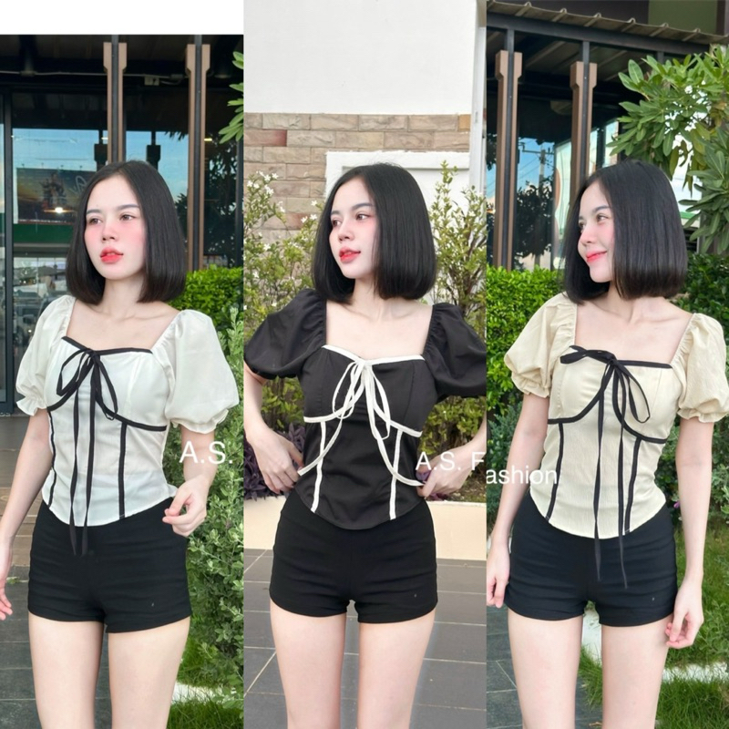 DOODEE2 เสื้อแขนตุ๊กตา แต่งโบว์หน้า แต่งกุ้นทูโทนรอบตัว