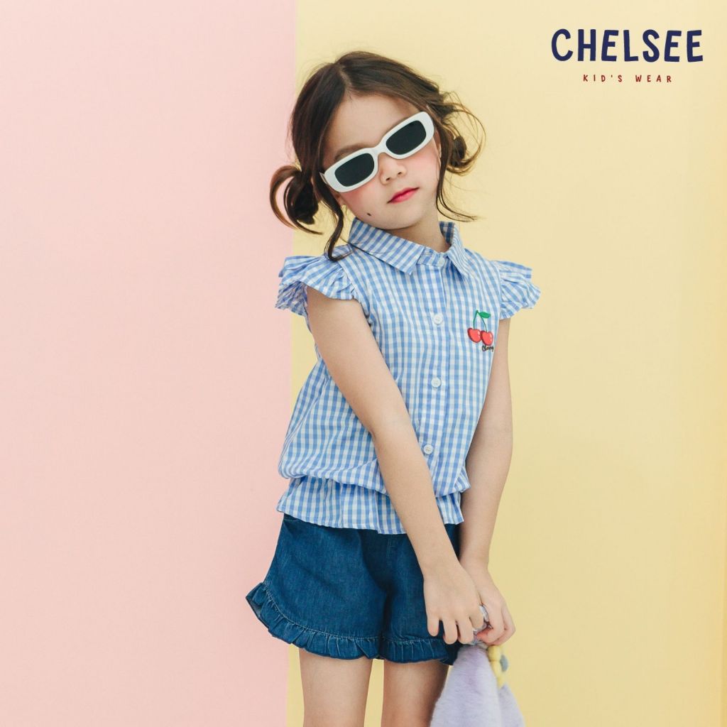 Chelsee เสื้อเชิ้ตจั๊มเอว เด็กผู้หญิง รุ่น 238047 ปักลายเชอรี่ ผ้า 100%Cotton อายุ 1.5-10 ปี เสื้อผ้าเด็กโต