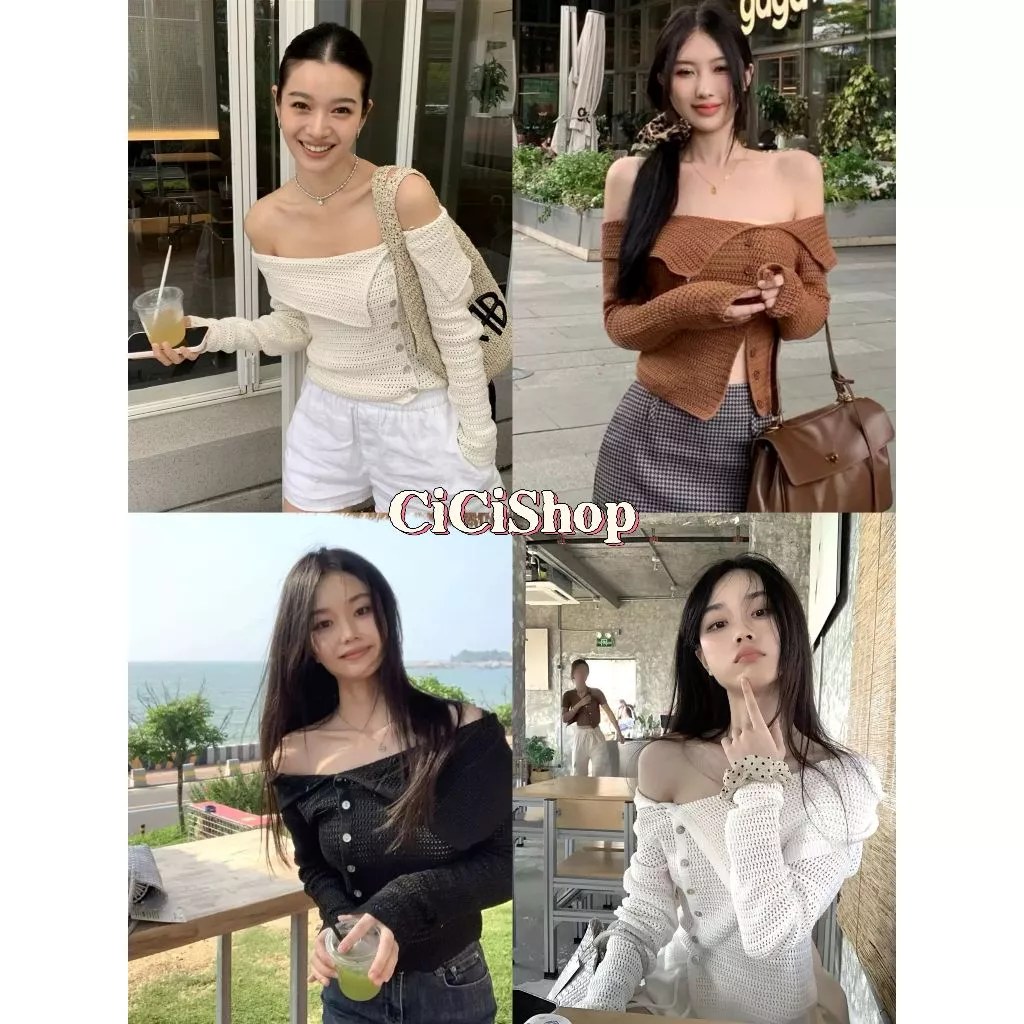 Cicishop (T2530) เสื้อไหมพรมผ้าถัก ปาดไหล่ขอบพับ กระดุมใช้งานได้จริง