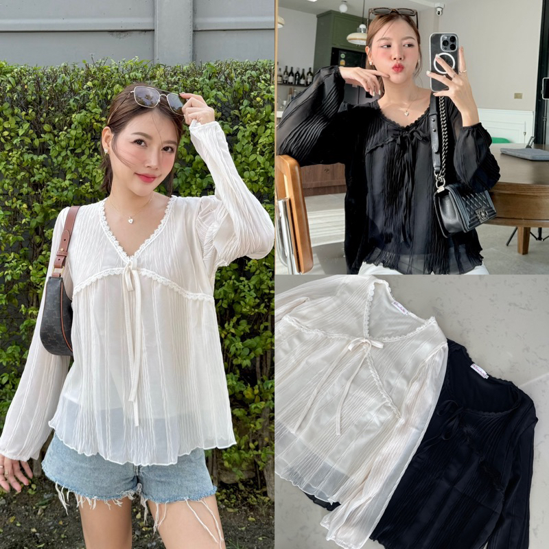 M10 -เสื้อแขนยาวคอวีขอบลูกไม้ เนื้อผ้าพริ้ว มีซับใน ไม่ต้องรีด น่ารักมาก