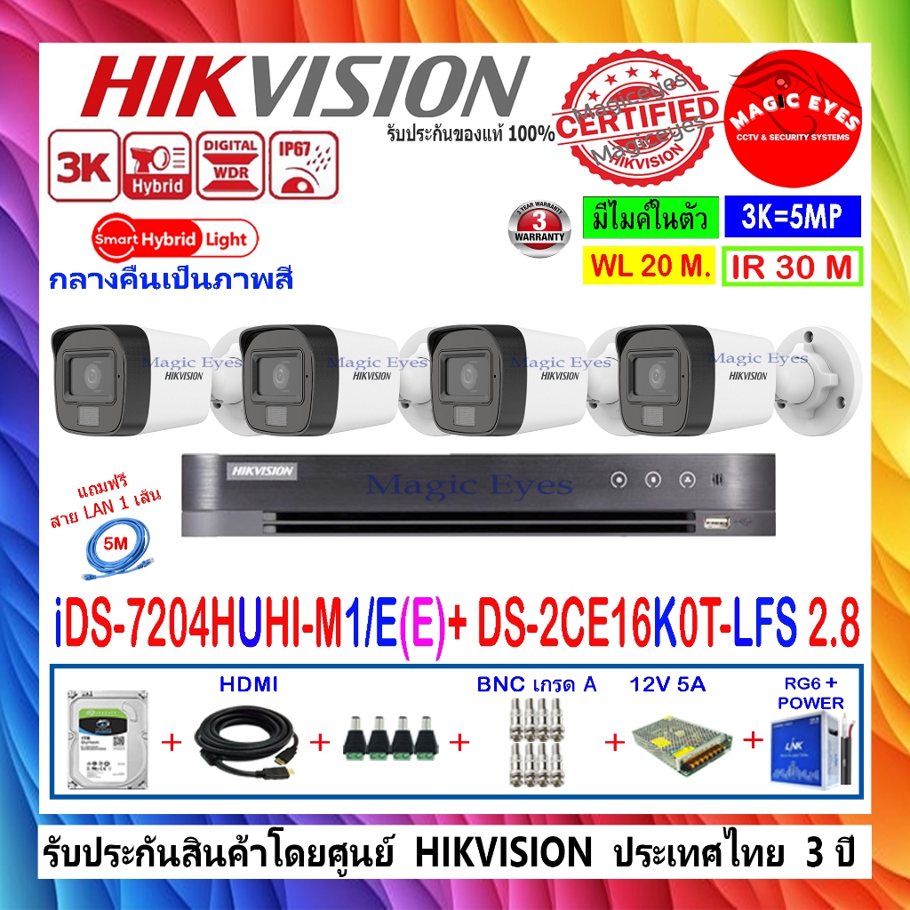 HIKVISION กล้องวงจรปิด 5MP รุ่น DS-2CE16K0T-LFS 2.8(4)+DVR รุ่น iDS-7204HUHI-M1/E(E)(1) +อุปกรณ์ชุด 