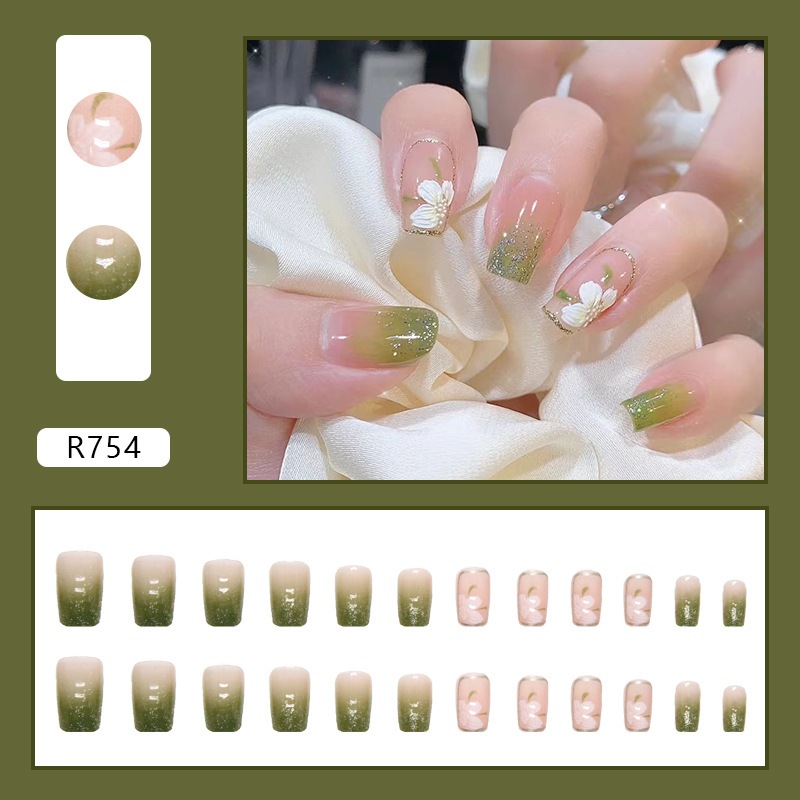 CICI ร้านไทย 【R754】พร้อมส่ง เล็บปลอมสีเจล24ชิ้น เล็บปลอมสำเร็จรูป ใหม่เล็บปลอมกันน้ำ